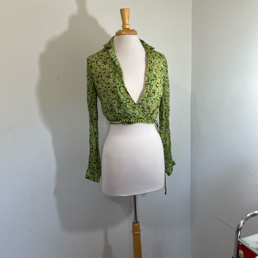 Favorite Daughter The Lover Chiffon Boho Crop Wrap Top XS Green Anthropology - Picture 2 of 10